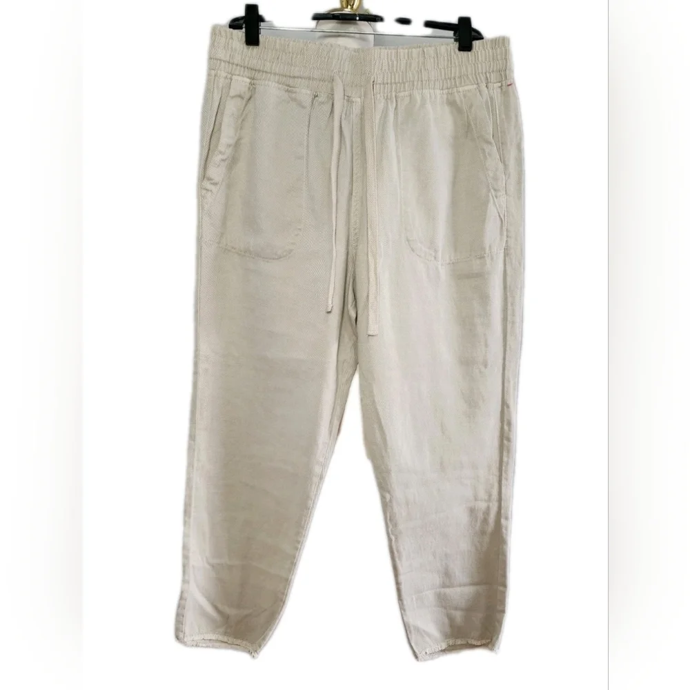 ZARA Cotton Linen Crop Pants Drawstring Elastic Waist w/ Pockets Size XL
